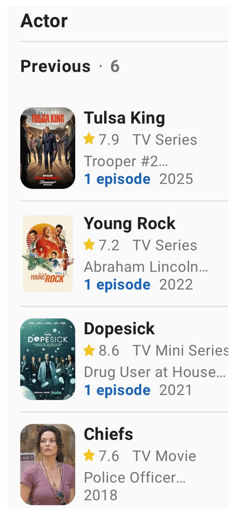 A list of selected film and television credits for actor Taylor Simmons, including Tulsa King, Young Rock, and Dopesick.